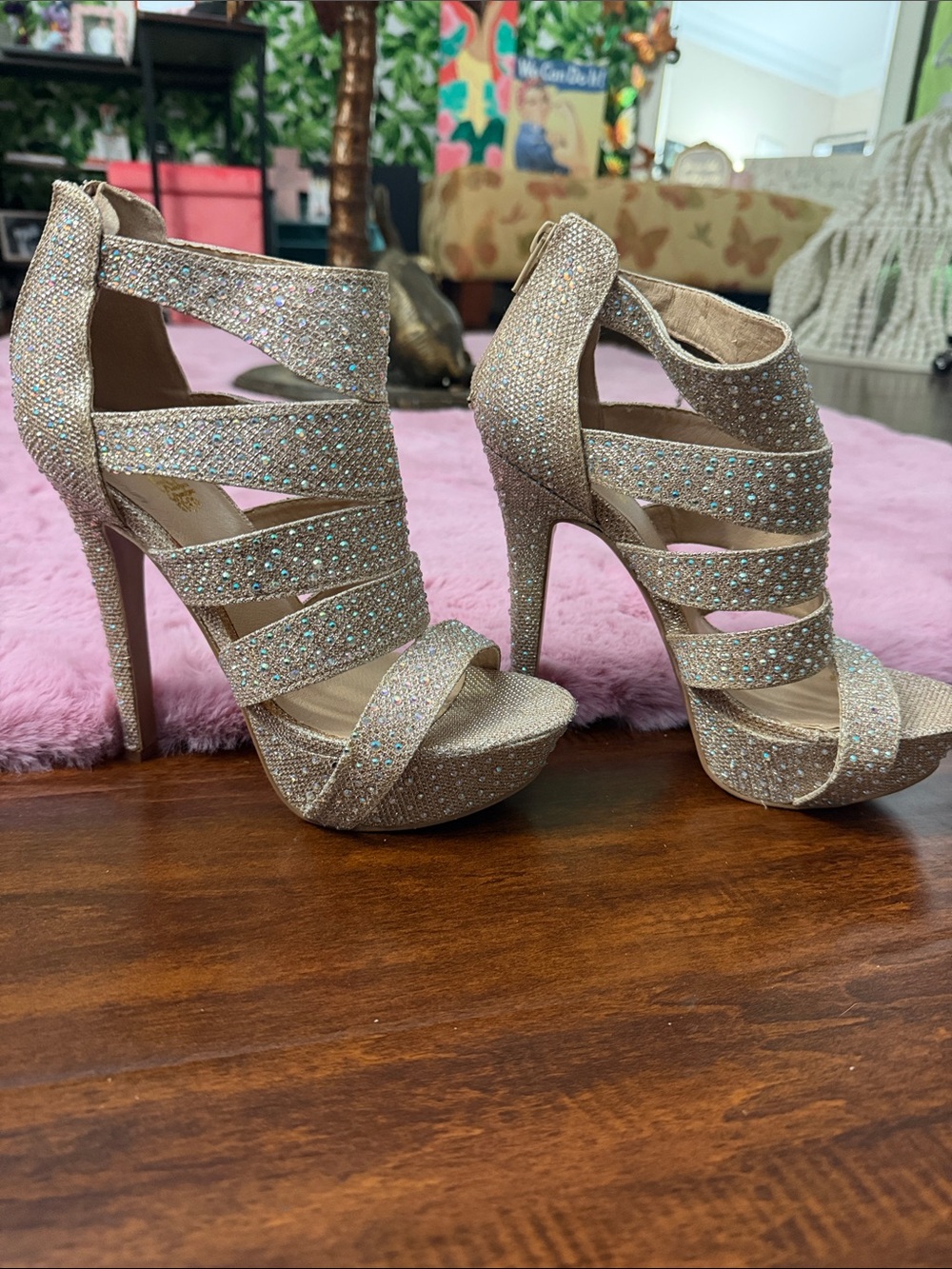 Charlotte Russe Sparkling Rose Gold Strappy Platform Heels